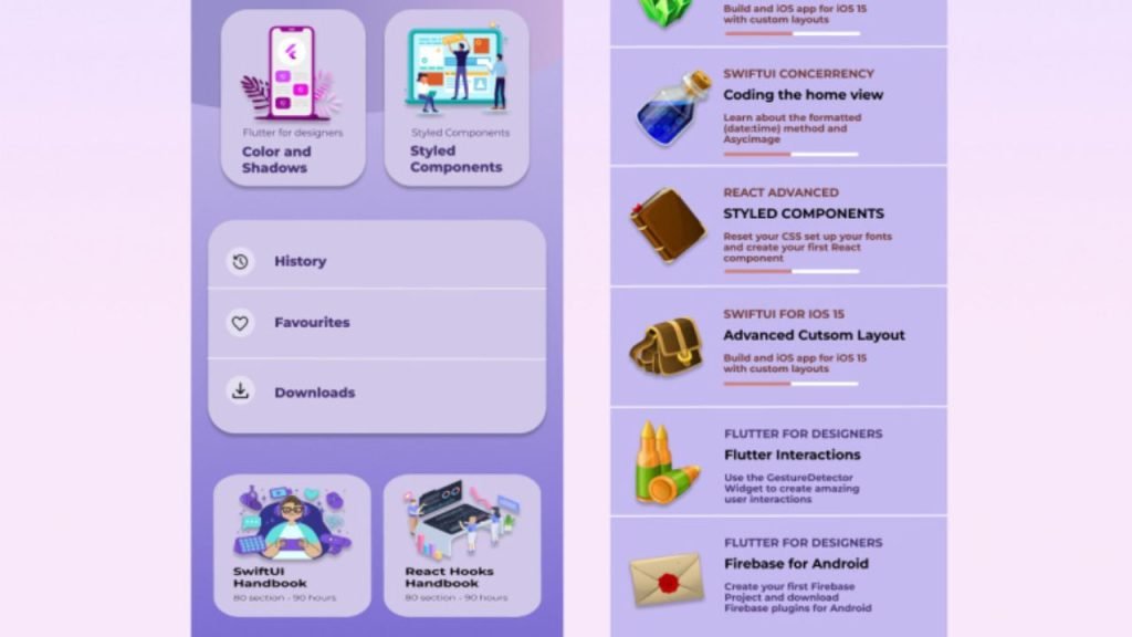 An image of a mobile application interface in purple tones displays a sidebar with "History," "Favourites," and "Downloads," alongside a list of courses such as "Styled Components" and "Advanced Custom Layout." Notably, it includes the new course, "Flutter for App Development.